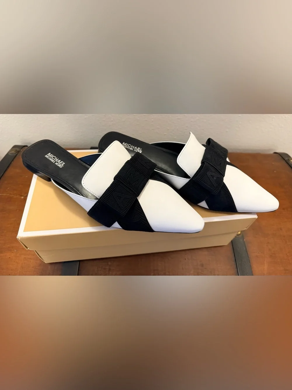 NWT Michael Kors Black and White Pointed Toe Slide Heels